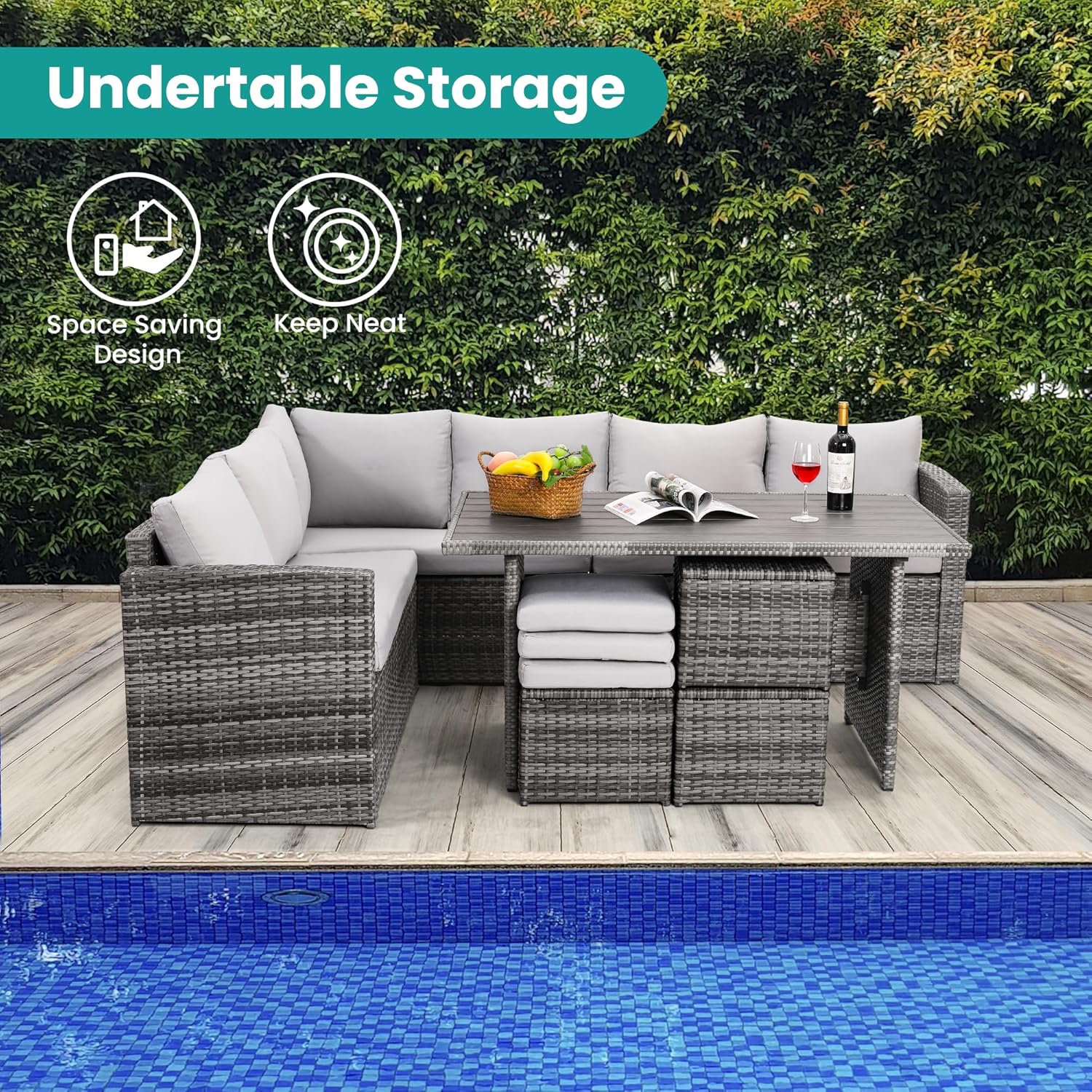 Outdoor Furniture Grey - 7-Piece Wicker Patio Dining Set with
