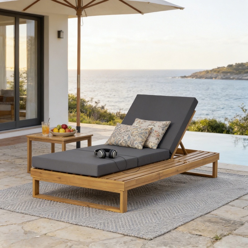 Outdoor Furniture Grey - Acacia Wood Chaise Lounge with 4-Inch