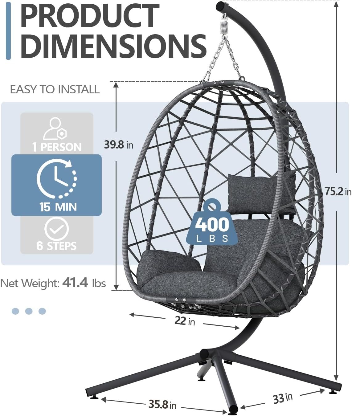 Hanging Egg Chair with Stand,  - Outdoor Furniture Grey 리뷰 및 가격